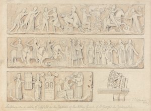 Beeldhouwwerk op een suite van kapitelen in de kloosters van de abdijkerk van Saint Georges de Bocherville